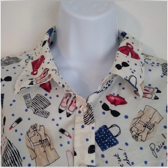 Talbots Paris Print Button Down Blouse Size M Long Sleeve C’est Chic 100%Cotton - Picture 12 of 13